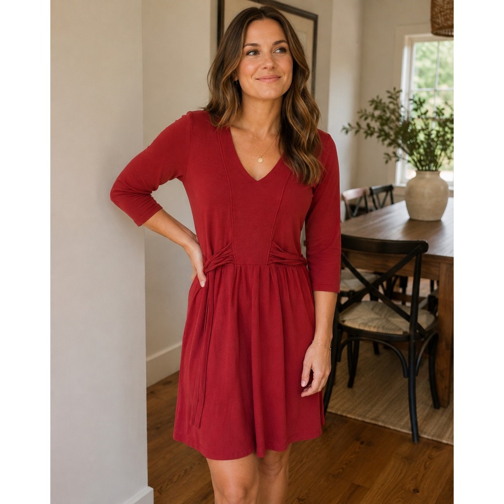Matilda Jane Womens Brick Red V-Neck 3/4 Sleeve Knit Fit Flare Dress Small